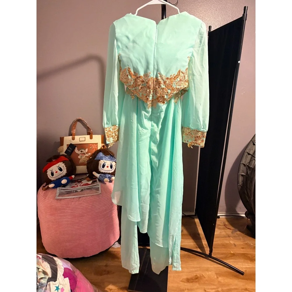 Party Prom Dress - Mint Green One Piece with Gold Floral Applique Sz 10